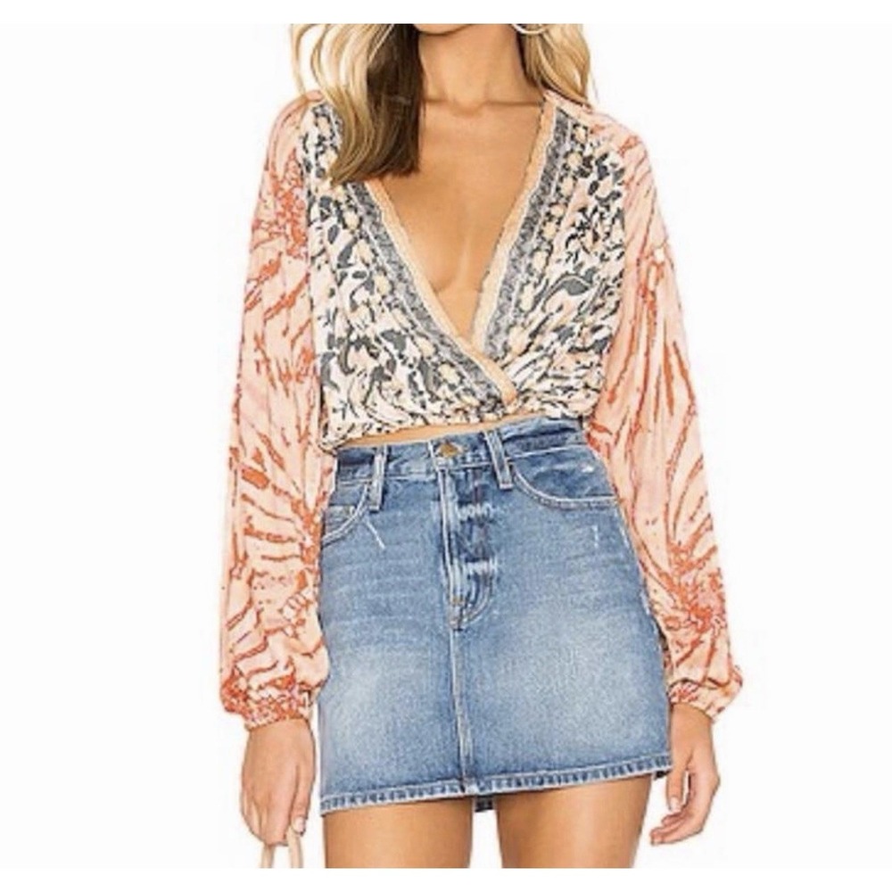 Free People Cruisin Together XS Floral Block Print Wrap Blouse Top Boho Flowy